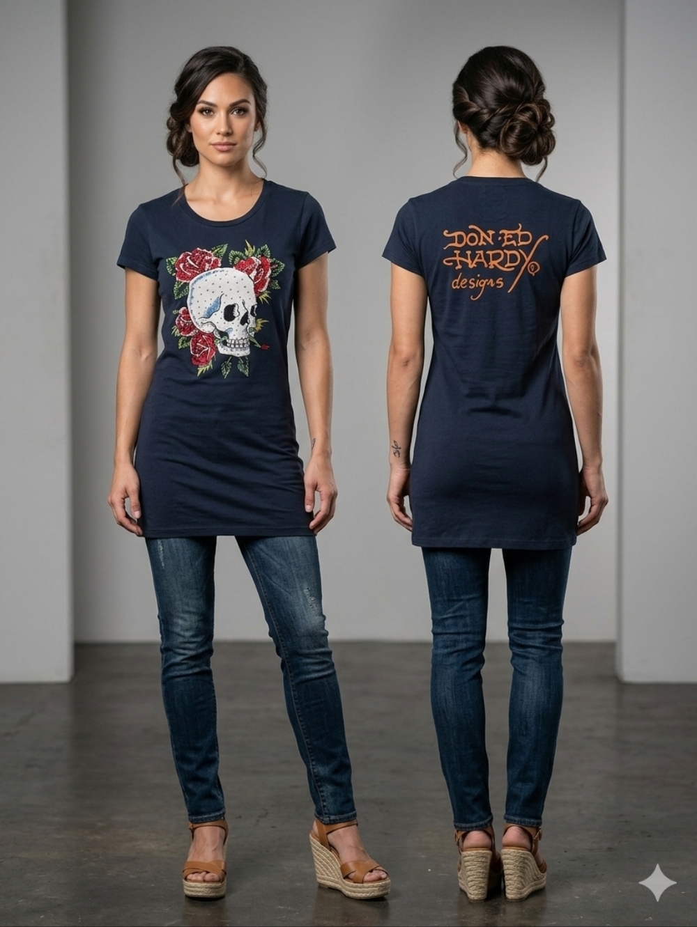 Ed Hardy Navy Tee with Skull and Red Roses